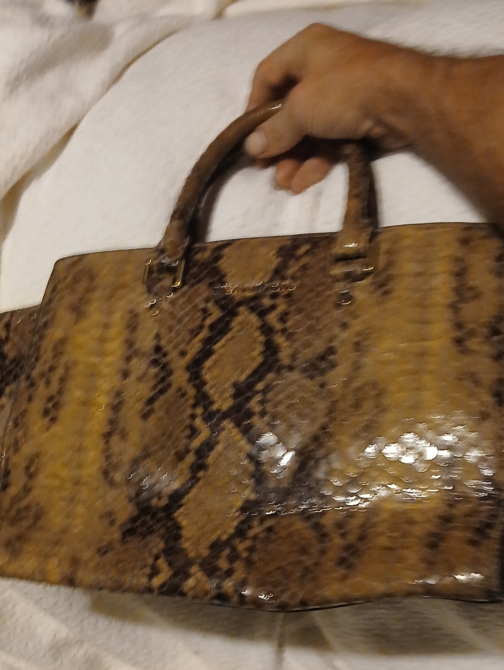 Michael Kors Brown and Gold Snake-Print Satchel no shoulder strap
